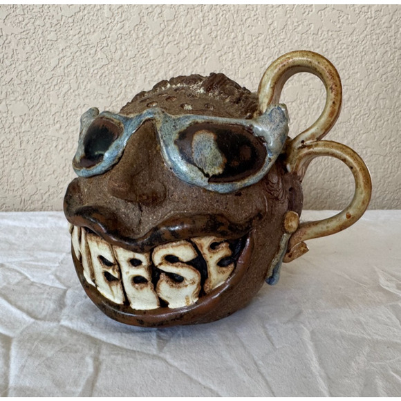 Handmade Pottery Folk Art Ugly Face Jug Big Toothy Smile CHEESE Signed - Picture 10 of 10